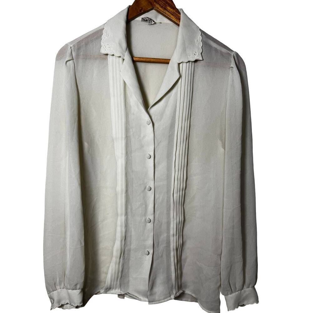Vtg Nordstrom Town Square Women Off White Sheer Pleated Button Up Blouse